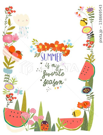 Cute Cartoon Frame with Watermelon, Apples, Summer Flowers, Plants and Bees 138669543