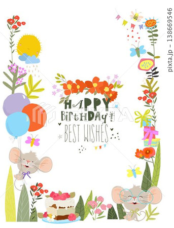 Floral Frame with Cute Funny Mouse celebrating Birthday 138669546