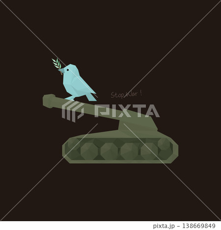 Peace dove carrying olive branch on military tank polygon shapes isolated on brown square background Peace dove carrying olive branch on military tank polygon shapes isolated on brown square background 138669849