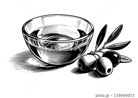Bowl of olive oil with olives shown in engraved style on white background, concept of natural purity and healthy nutrition 138669853