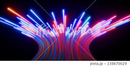 Neon glowing red blue speed lines 3D background. Abstract led light strips moving upward. Dark stage with laser show, night club, casino gaming room with illuminated wall and floor. 3D illustration Neon glowing red blue speed lines 3D background. Abstract led light strips moving upward. Dark stage with laser show, night club, casino gaming room with illuminated wall and floor. 3D illustration 138670029