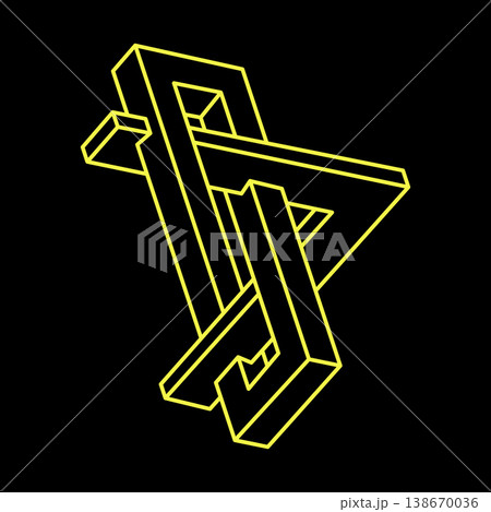 Impossible shapes. Sacred geometry. Optical illusion figure. Abstract eternal geometric objects. Impossible endless outline shape. Op art. Impossible geometry shape on a black background. Line art. 138670036