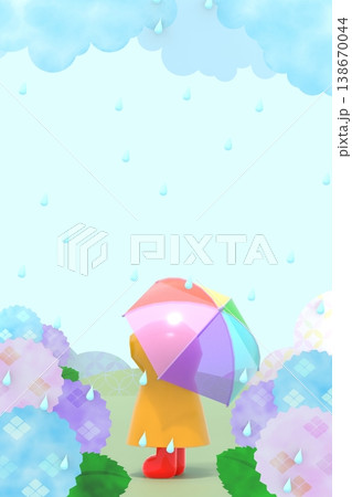 傘をさす子供と雨模様の紫陽花の3DCG縦長風景 138670044
