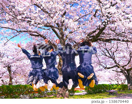 満開の桜とジャンプする女子高生たち 満開の桜とジャンプする女子高生たち 138670440