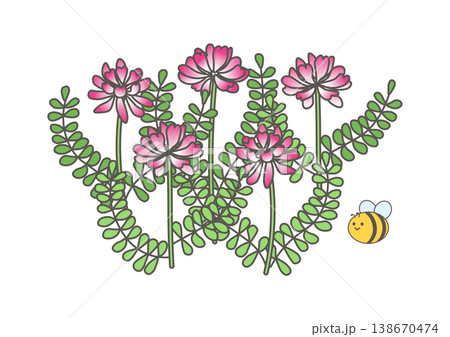 かわいいみつばちとレンゲソウのイラスト 138670474