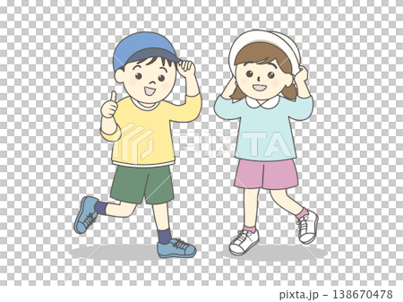 一幅男孩和女孩戴著帽子的插圖 一幅男孩和女孩戴著帽子的插圖 138670478