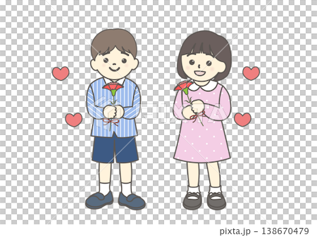 Illustration of a boy and a girl holding carnations 138670479