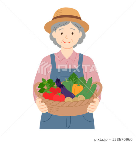 収穫したばかりの野菜をカゴに持つ年配の女性のイラスト 138670960
