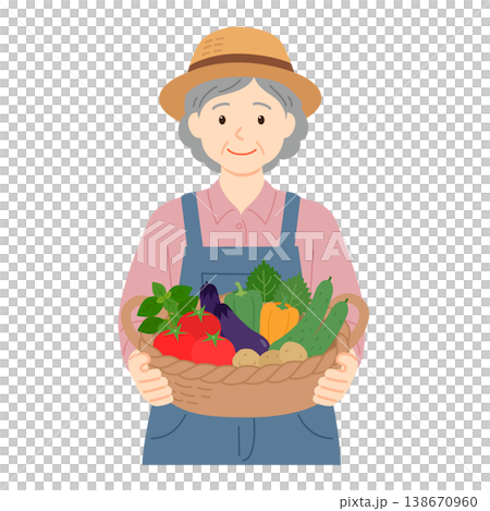 収穫したばかりの野菜をカゴに持つ年配の女性のイラスト 138670960