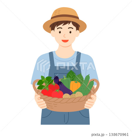 収穫したばかりの野菜をカゴに持つ男性のイラスト 138670961