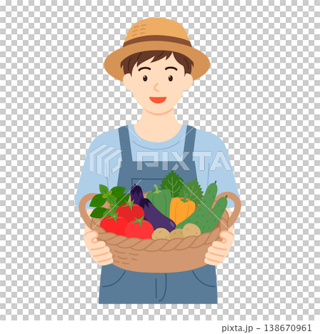 収穫したばかりの野菜をカゴに持つ男性のイラスト 138670961