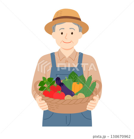 収穫したばかりの野菜をカゴに持つ年配の男性のイラスト 138670962