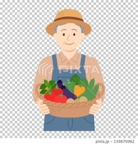 収穫したばかりの野菜をカゴに持つ年配の男性のイラスト 138670962