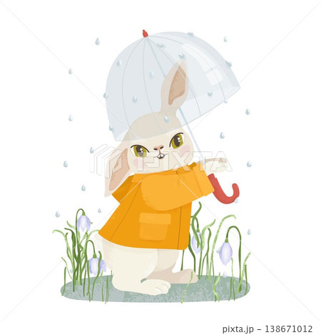 Cute bunny with umbrella in rainy spring scene 138671012