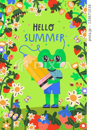 Hello summer card with cute frog and floral frame Hello summer card with cute frog and floral frame 138671016