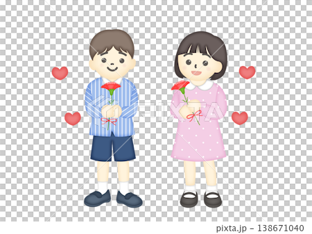 男孩和女孩手捧康乃馨的插圖 138671040