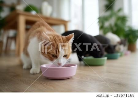 Group of domestic cats with different fur colors eating delicious dry kibble from colorful bowls on a wooden floor during feeding time inside a house Group of domestic cats with different fur colors eating delicious dry kibble from colorful bowls on a wooden floor during feeding time inside a house 138671169