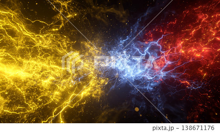 黄金と真紅の強大なエネルギーが中央で激しくぶつかり合い火花を散らす対立の抽象背景素材 138671176