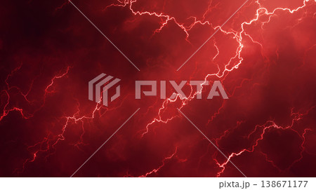 燃え上がるような赤い暗雲の中で激しく稲妻が交差する不穏で力強い抽象背景素材 138671177