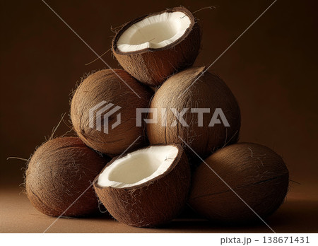 Pile of fresh whole and halved mature brown coconuts stacked together against a dark background in dramatic lighting. 138671431