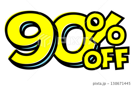 90%OFFの文字パーツ。黒太フチと黄色文字のポップなセールロゴ。背景透過で使いやすい素材 138671445