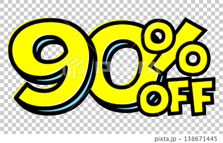 90%OFFの文字パーツ。黒太フチと黄色文字のポップなセールロゴ。背景透過で使いやすい素材 138671445