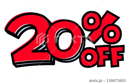 20%OFFの文字パーツ。黒太フチと赤文字のポップなセールロゴ。背景透過で使いやすい素材 20%OFFの文字パーツ。黒太フチと赤文字のポップなセールロゴ。背景透過で使いやすい素材 138671603