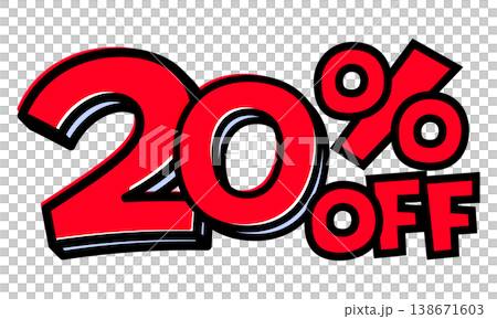 20%OFFの文字パーツ。黒太フチと赤文字のポップなセールロゴ。背景透過で使いやすい素材 20%OFFの文字パーツ。黒太フチと赤文字のポップなセールロゴ。背景透過で使いやすい素材 138671603
