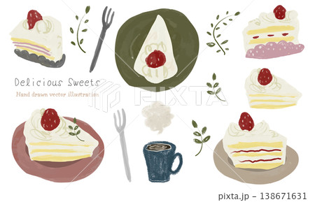 ゆるかわいい手描きの苺のショートケーキの素材セット ゆるかわいい手描きの苺のショートケーキの素材セット 138671631
