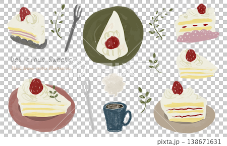 ゆるかわいい手描きの苺のショートケーキの素材セット ゆるかわいい手描きの苺のショートケーキの素材セット 138671631