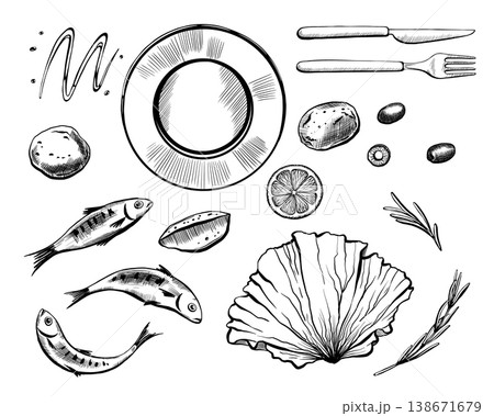 Mediterranean diet set in minimalist vector line art. Sardines, vegetables, herbs, and cutlery for healthy food menu design, longevity nutrition infographic and organic seafood branding Mediterranean diet set in minimalist vector line art. Sardines, vegetables, herbs, and cutlery for healthy food menu design, longevity nutrition infographic and organic seafood branding 138671679