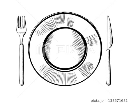 Dinner plate setting with fork and knife in minimalist vector line art. Top view cutlery for restaurant etiquette guide, formal dining menu layout, kitchenware branding and hospitality graphics Dinner plate setting with fork and knife in minimalist vector line art. Top view cutlery for restaurant etiquette guide, formal dining menu layout, kitchenware branding and hospitality graphics 138671681