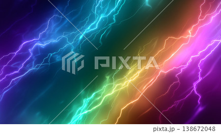 虹色に輝く鮮やかなグラデーションが暗闇を彩る美しく幻想的な稲妻の抽象背景 138672048