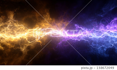 暗闇の中で黄金の炎と紫の稲妻が激しくぶつかり合い融合する幻想的なエネルギーの衝突 138672049