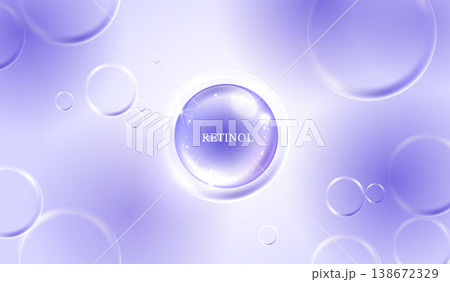 Retinol serum drop on abstract purple background with glowing wavy lines and bubbles. Cosmetic skincare anti aging hydration treatment concept for beauty product presentation vector illustration. 138672329