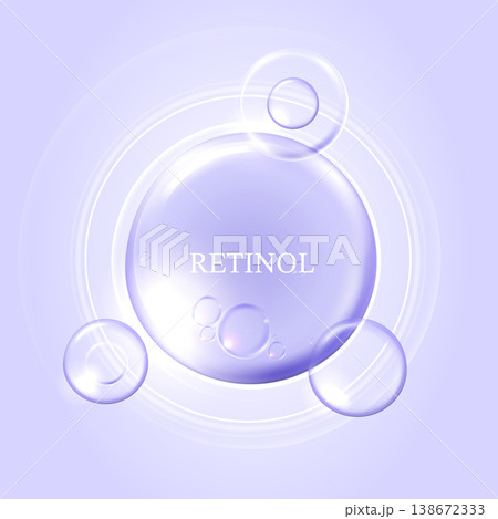 Retinol serum drop on abstract purple background with glowing wavy lines and bubbles. Cosmetic skincare anti aging hydration treatment concept for beauty product presentation vector illustration. 138672333