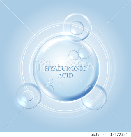 Hyaluronic acid moisture water drop abstract graphic. Blue cosmetic bubble concept for skincare, anti-aging beauty products, medical and scientific design. Hydration serum formula background banner 138672334