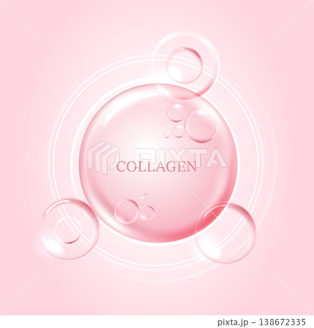Pink collagen serum water drop bubble with circular ripples. 3D glowing cosmetic background for skin care, hydration beauty product design. Anti-aging molecule cell illustration for medical banner. 138672335