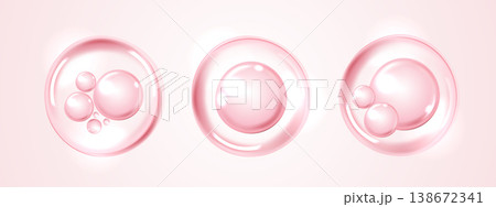 Clear red water drops and cosmetic serum bubbles isolated on light background. Realistic liquid graphic for skincare hydration, hyaluronic acid anti-aging beauty product and medical design banner. 138672341