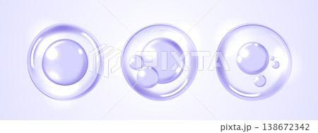 Clear purple water drops and cosmetic serum bubbles isolated on light background. Realistic liquid graphic for skincare hydration, hyaluronic acid anti-aging beauty product and medical design banner. Clear purple water drops and cosmetic serum bubbles isolated on light background. Realistic liquid graphic for skincare hydration, hyaluronic acid anti-aging beauty product and medical design banner. 138672342