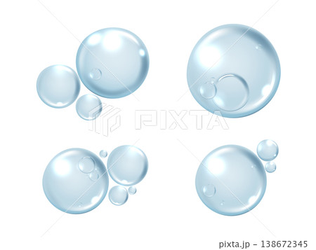 Blue water drops and cosmetic serum bubbles isolated on white background. Realistic 3D liquid graphic for skincare hydration, hyaluronic acid anti-aging beauty product design and medical concept. 138672345