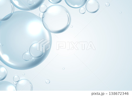 Light blue transparent moisture bubbles and cosmetic serum water drops on pale background. Abstract liquid graphic for skincare hydration, hyaluronic acid beauty product design with blank copy space. 138672346