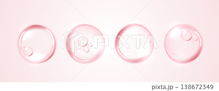 Pink collagen serum water drops. Cosmetic moisture bubbles isolated for skincare, anti-aging beauty product design. Abstract liquid cell graphic for medical and scientific hydration concept banner. Pink collagen serum water drops. Cosmetic moisture bubbles isolated for skincare, anti-aging beauty product design. Abstract liquid cell graphic for medical and scientific hydration concept banner. 138672349