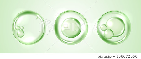 Clear green water drops and cosmetic serum bubbles isolated on light background. Realistic liquid graphic for skincare hydration, hyaluronic acid anti-aging beauty product and medical design banner. Clear green water drops and cosmetic serum bubbles isolated on light background. Realistic liquid graphic for skincare hydration, hyaluronic acid anti-aging beauty product and medical design banner. 138672350