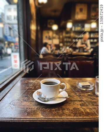 昭和レトロな純喫茶の店内風景　木製テーブルの上のコーヒーとノスタルジックな空気感 138672419
