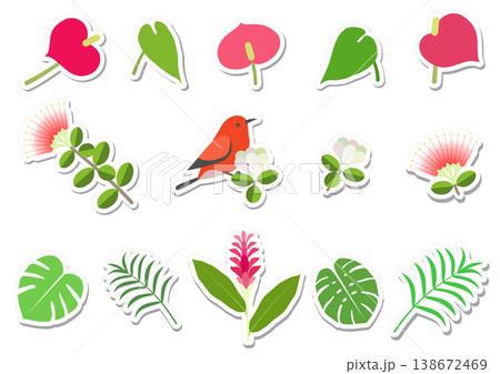 フラットスタイルで描かれた熱帯植物とハワイの固有種であるアパパネ鳥のイラストのステッカーセット 138672469