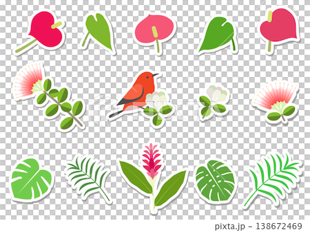 フラットスタイルで描かれた熱帯植物とハワイの固有種であるアパパネ鳥のイラストのステッカーセット 138672469