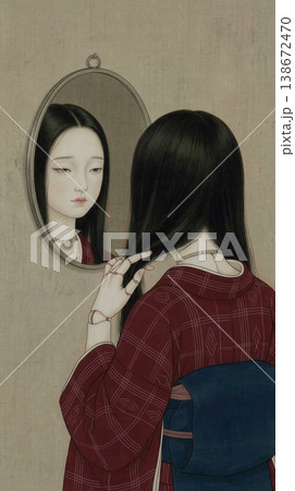 楕円形の鏡に映る自分を見つめる赤い着物の球体関節人形 和風タッチ 138672470