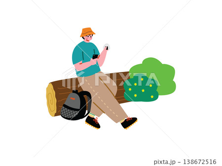 山登り中休憩する男の子のイラスト 山登り中休憩する男の子のイラスト 138672516