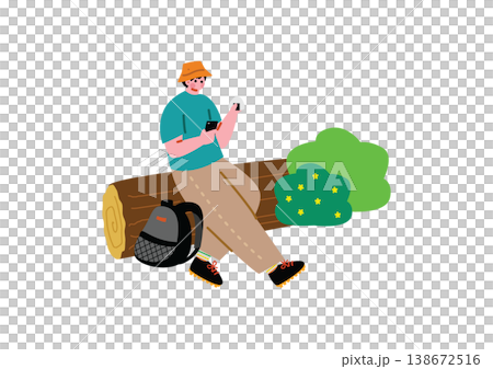 An illustration of a boy taking a break while mountain climbing. An illustration of a boy taking a break while mountain climbing. 138672516